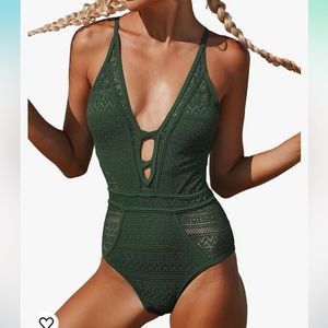 Sociala Green Crochet One Piece Swimsuit